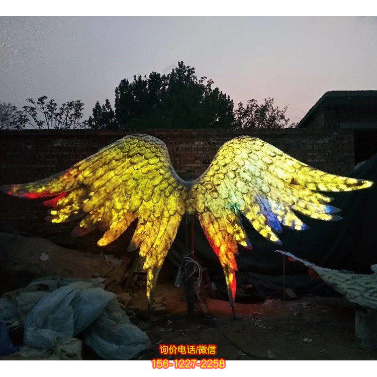 現代不銹鋼燈光抽象翅膀城市廣場夜景觀擺件