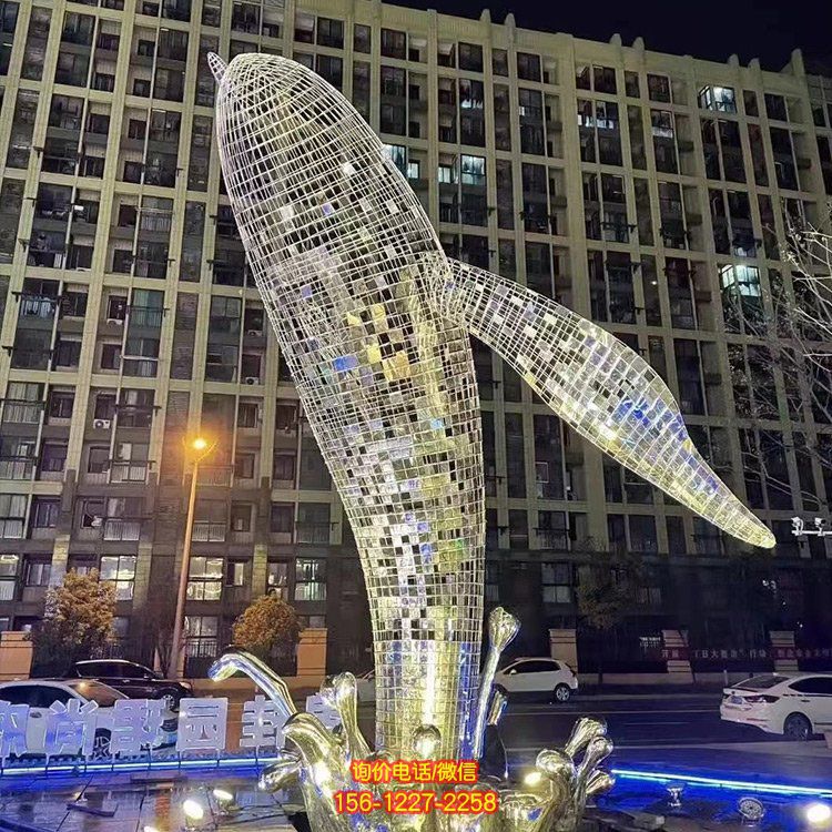 不銹鋼鯨魚，大型鐵藝鏤空網格鯨魚水景裝飾景觀