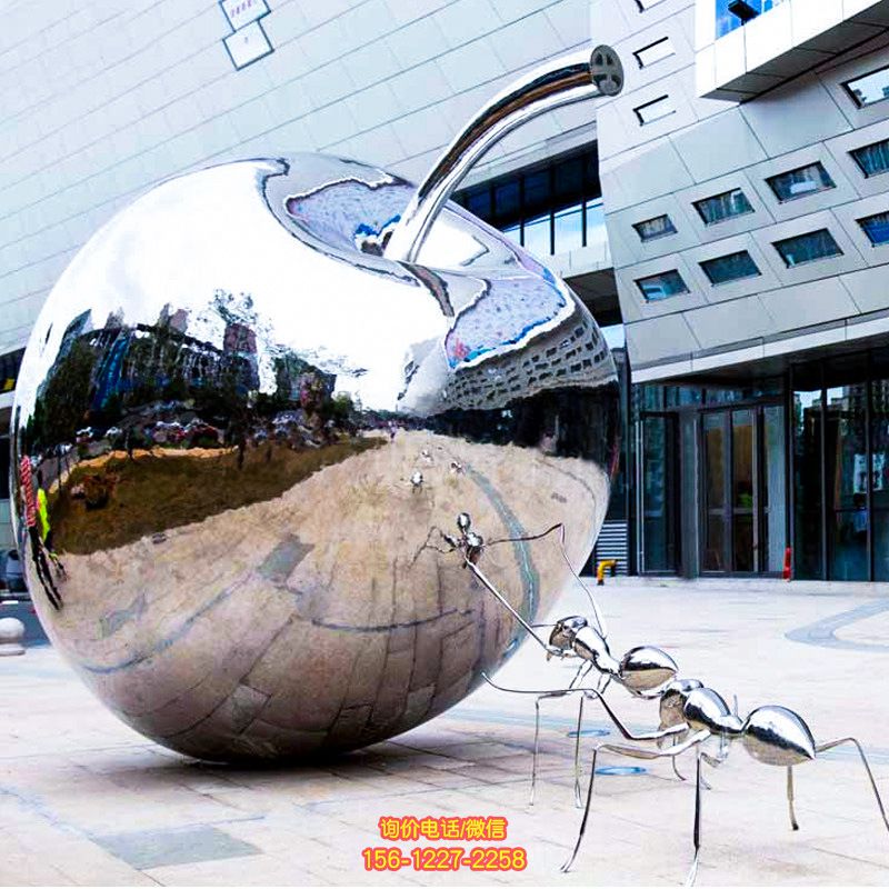 企業商場戶外鏡面螞蟻推蘋果不銹鋼螞蟻雕塑 企業商場戶外鏡面螞蟻推蘋果不銹鋼螞蟻雕塑