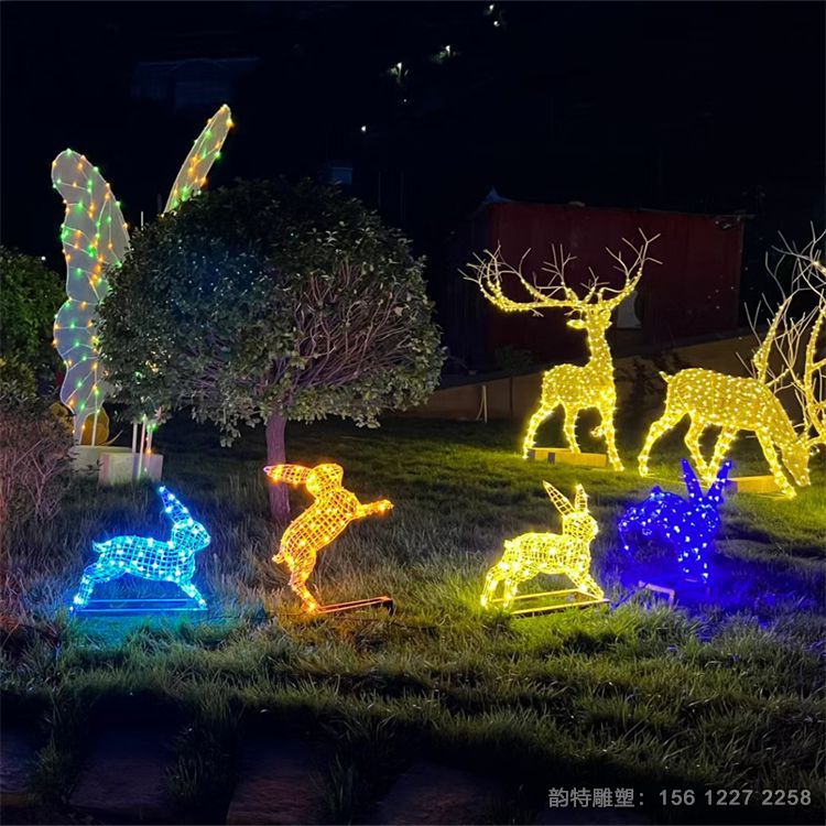 不銹鋼鏤空兔子雕塑定做，不銹鋼發(fā)光動(dòng)物雕塑大全